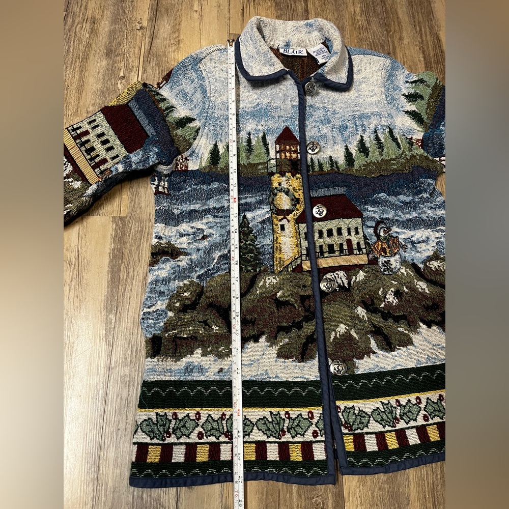 VTG 90s Blair Holiday Lighthouse Snowman Tapestry Jacket Nautical Anchor Medium - Picture 5 of 14